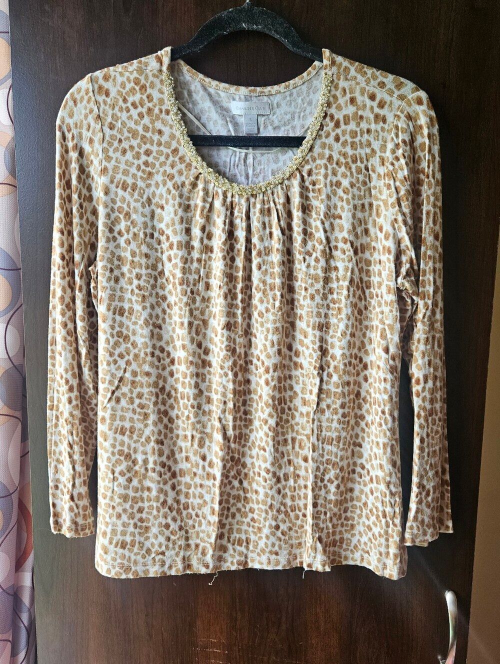 Charter Club Women's Long Sleeve Beaded Neckline Top - Tan Print Size Large